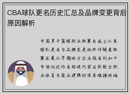 CBA球队更名历史汇总及品牌变更背后原因解析