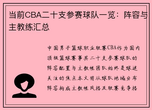 当前CBA二十支参赛球队一览：阵容与主教练汇总